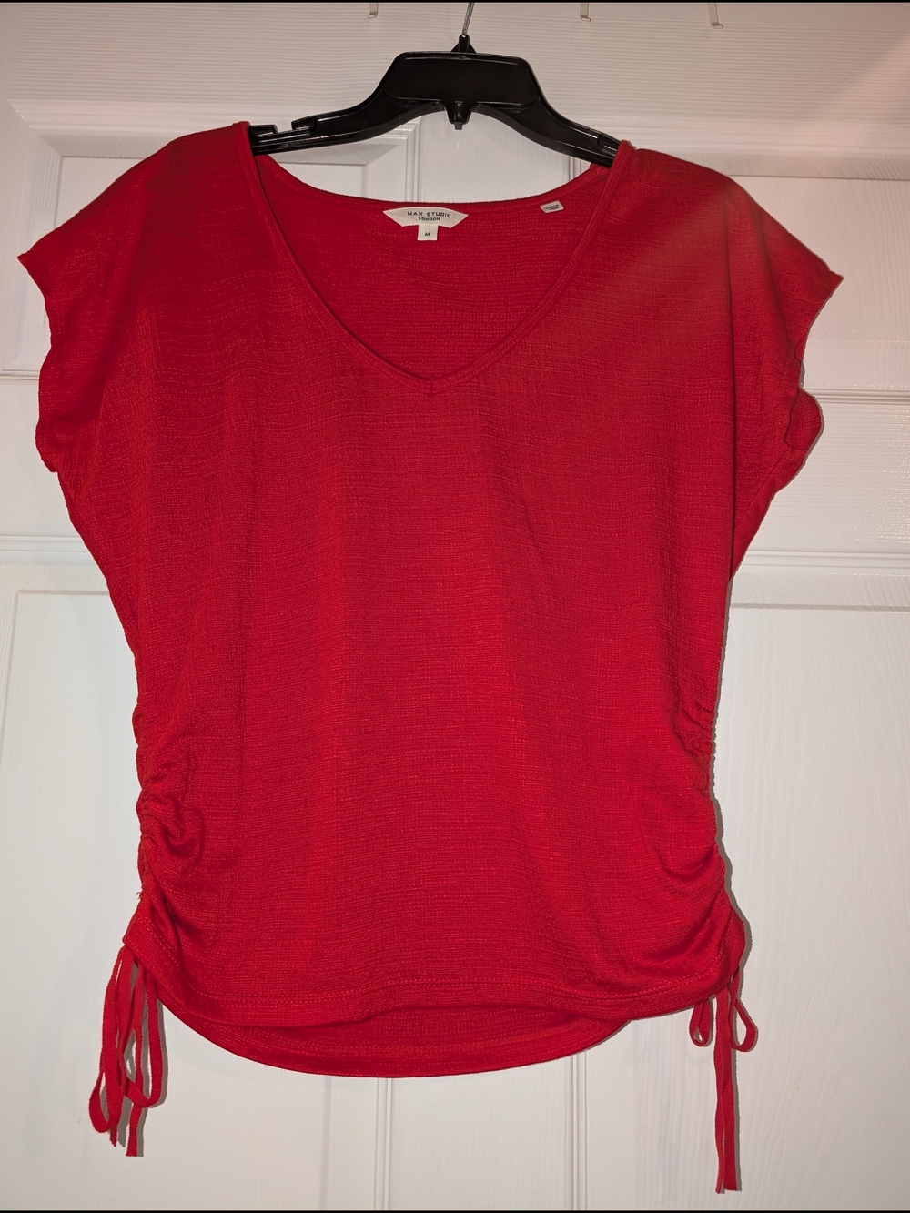 St. John's Bay Red V-Neck Short Sleeve Ruched Side Top